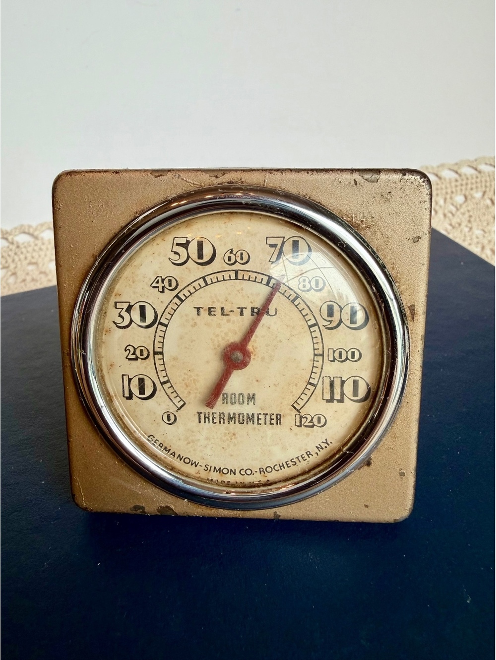 Vintage Tel-Tru Room Thermometer Germann Simon Rochester NY Metal Desk Wall
